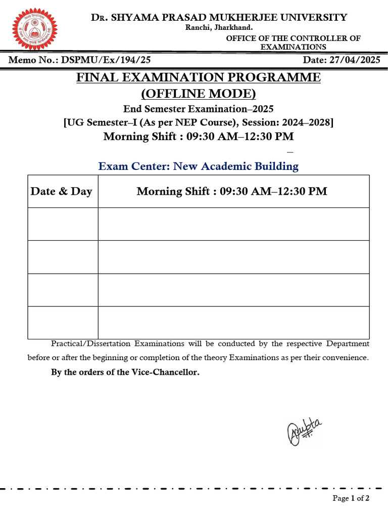 FYUGP 1st Semester Exam Schedule 2025 | PDF | Educational Stages | Science