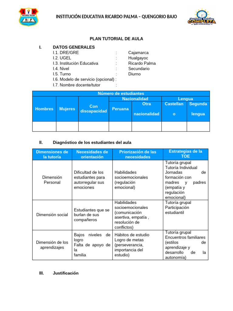 Plan Tutorial de Aula en Quengorio Bajo | PDF | Salón de clases | Las ...