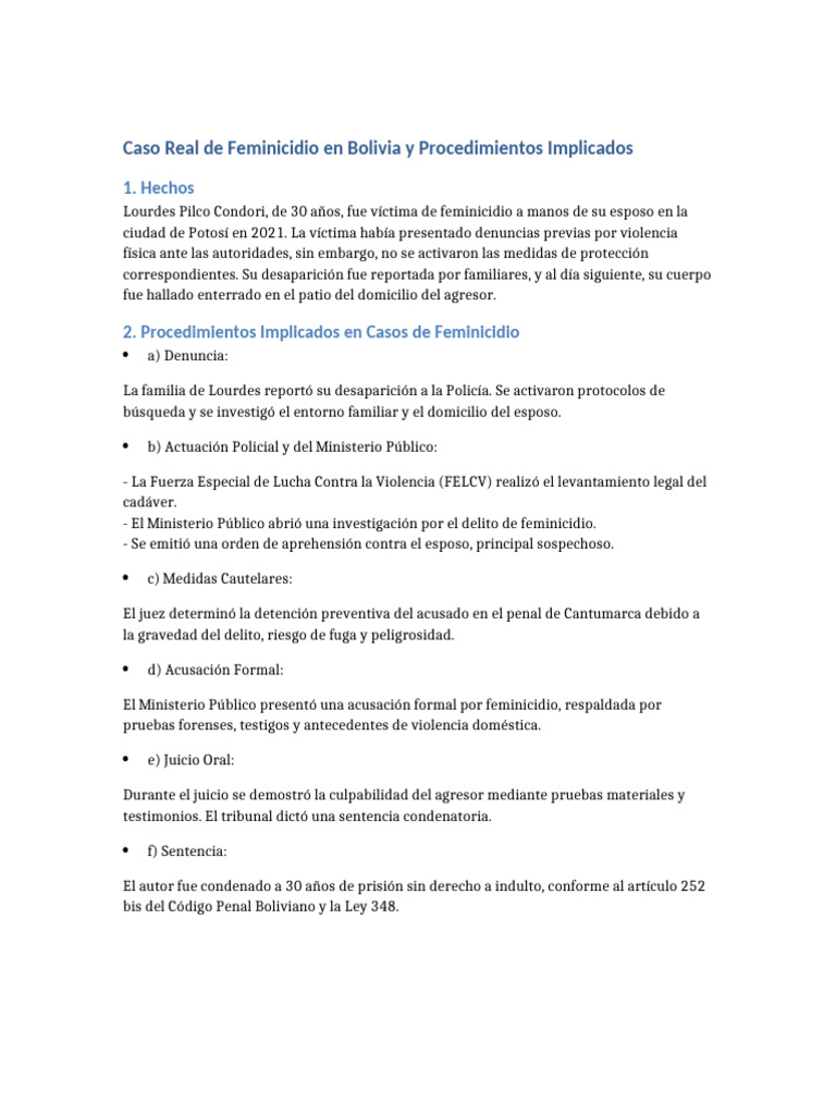 Feminicidio en Bolivia: Caso Lourdes Pilco | PDF