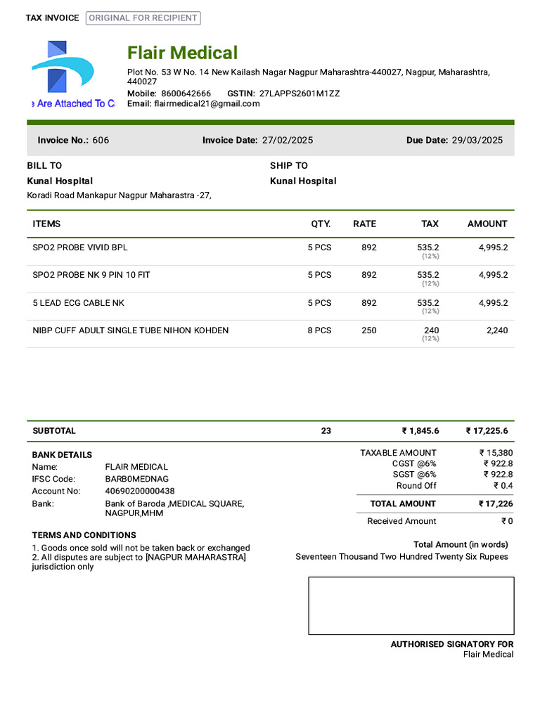 Kunal Hospital Sales Invoice 606 | PDF | Payments | Economies