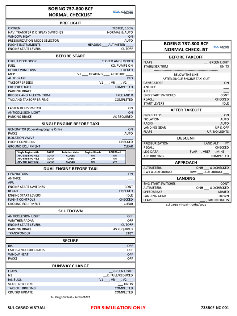 Boeing 737-800 BCF Normal Checklist | PDF | Aviation Safety