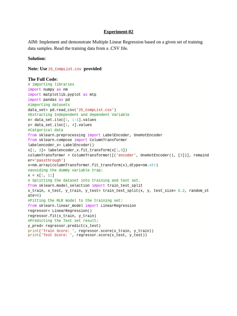 Multiple Linear Regression Implementation | PDF