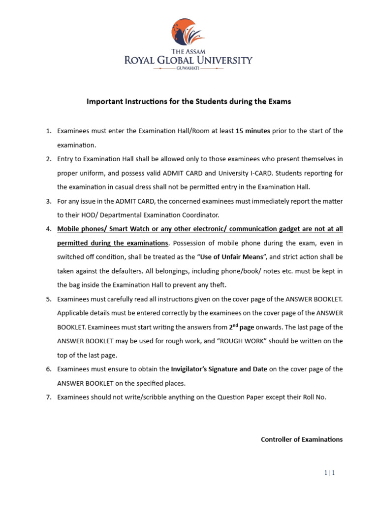Exam Instructions for Students | PDF