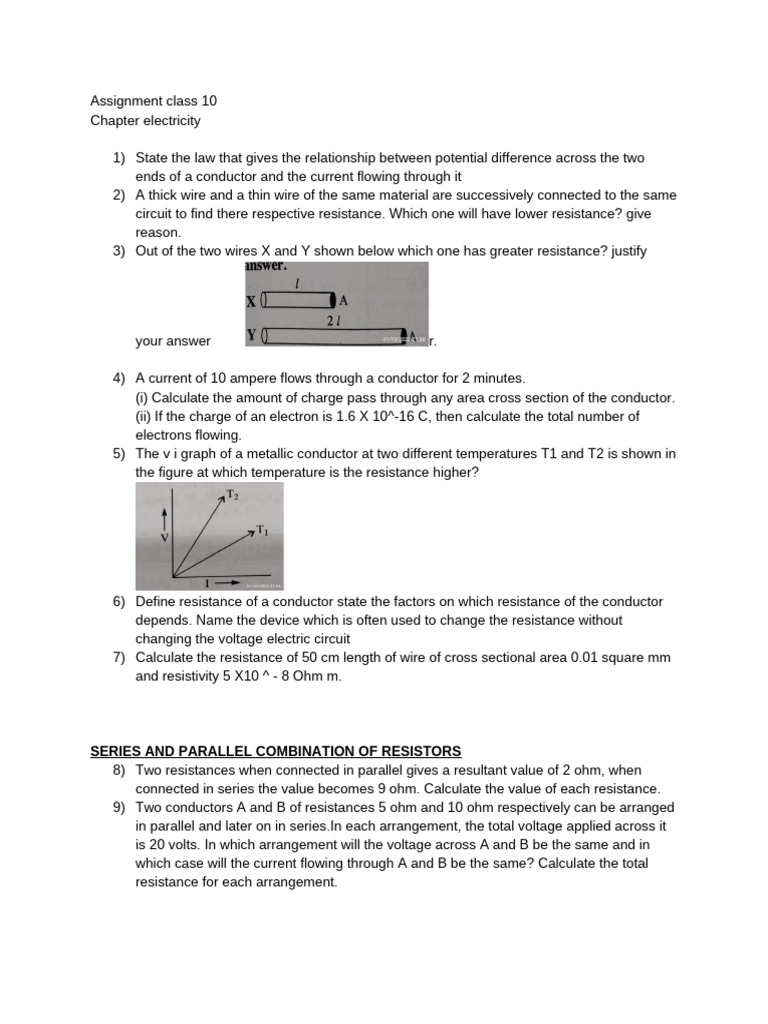Class 10 Electricity Assignment Questions | PDF | Series And Parallel ...