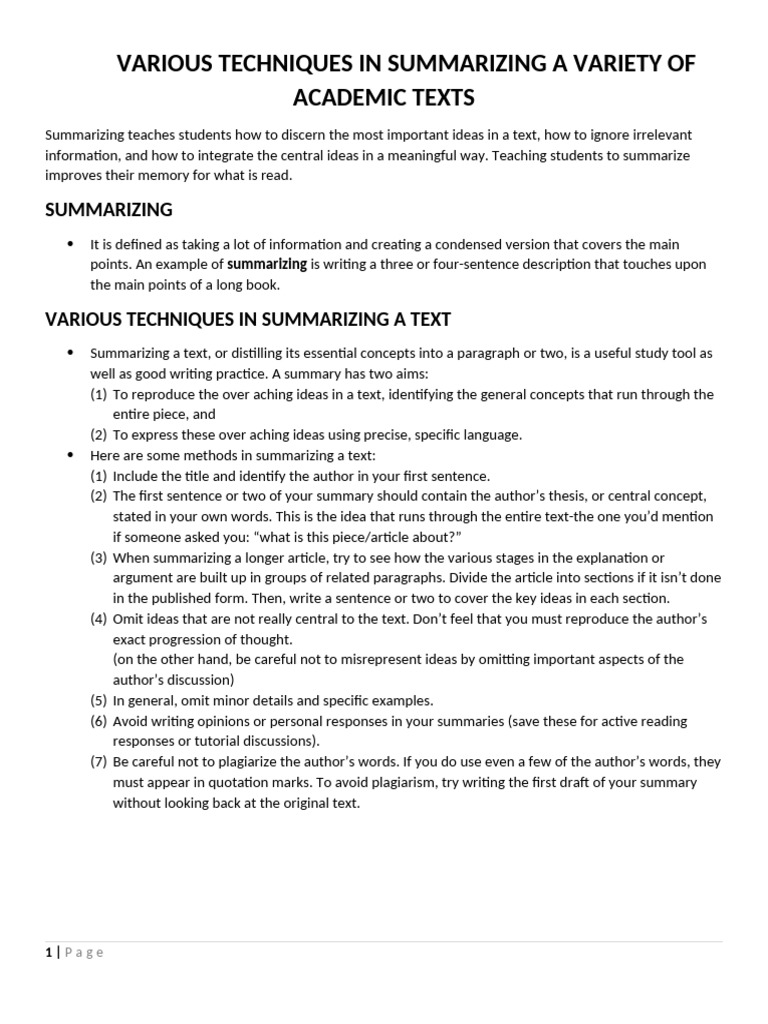 Various Techniques in Summarizing A Variety of Academic Texts | PDF ...