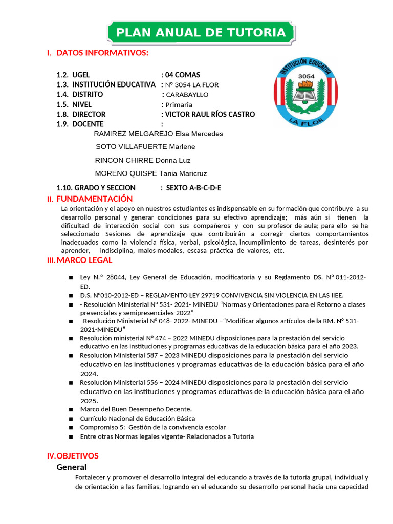 Plan Anual de Tutoría Primaria 2025 | PDF | Plan de estudios | Salón de ...