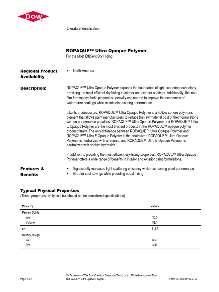 ROPAQUE™ Ultra Opaque Polymer Overview | PDF | Polymers | Paint