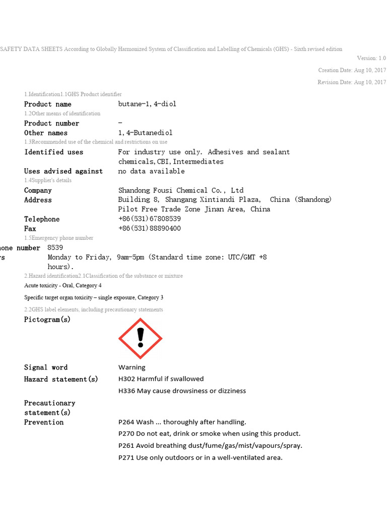 GHS Safety Data Sheet: Butane-1,4-Diol | PDF | Dangerous Goods