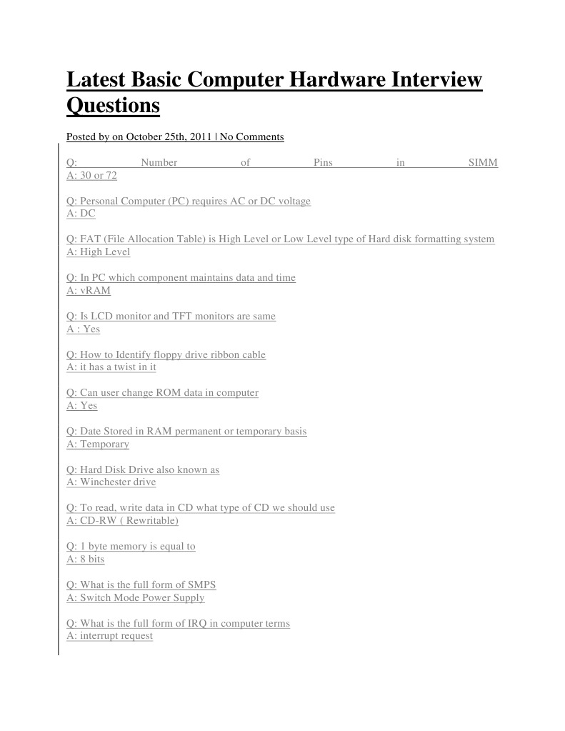 Latest Basic Computer Hardware Interview Questions PDF Hard Disk