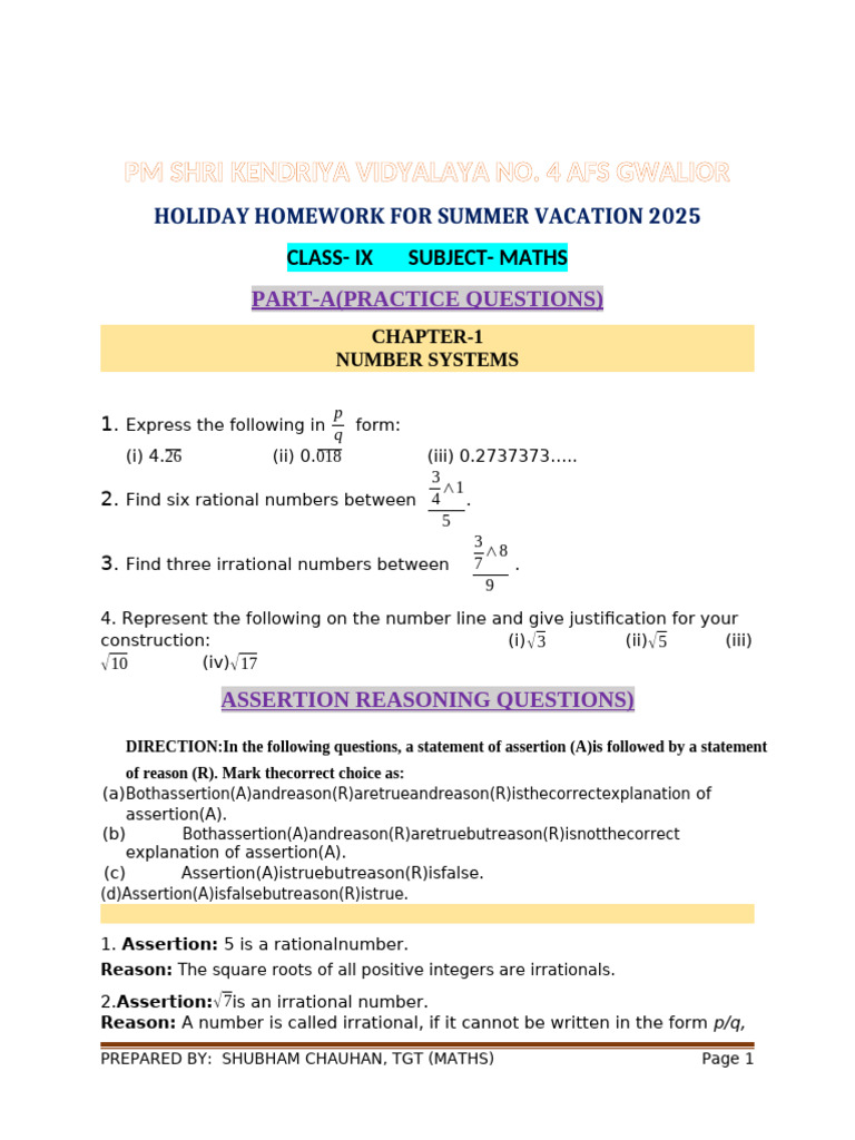 Class IX Maths Summer Homework 2025 | PDF | Square Root | Numbers
