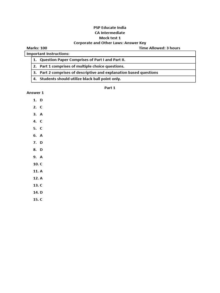 CA Intermediate Mock Test 1 Answer Key | PDF | Limited Liability ...
