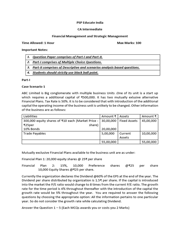 FM SM Question Paper Mock 4 | PDF | Depreciation | Equity (Finance)