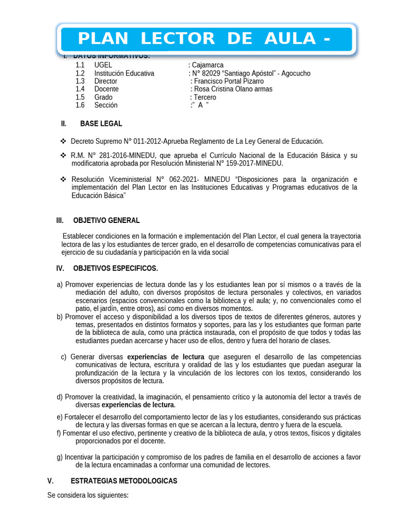 Plan Lector para Tercer Grado | PDF | Camello | Salón de clases