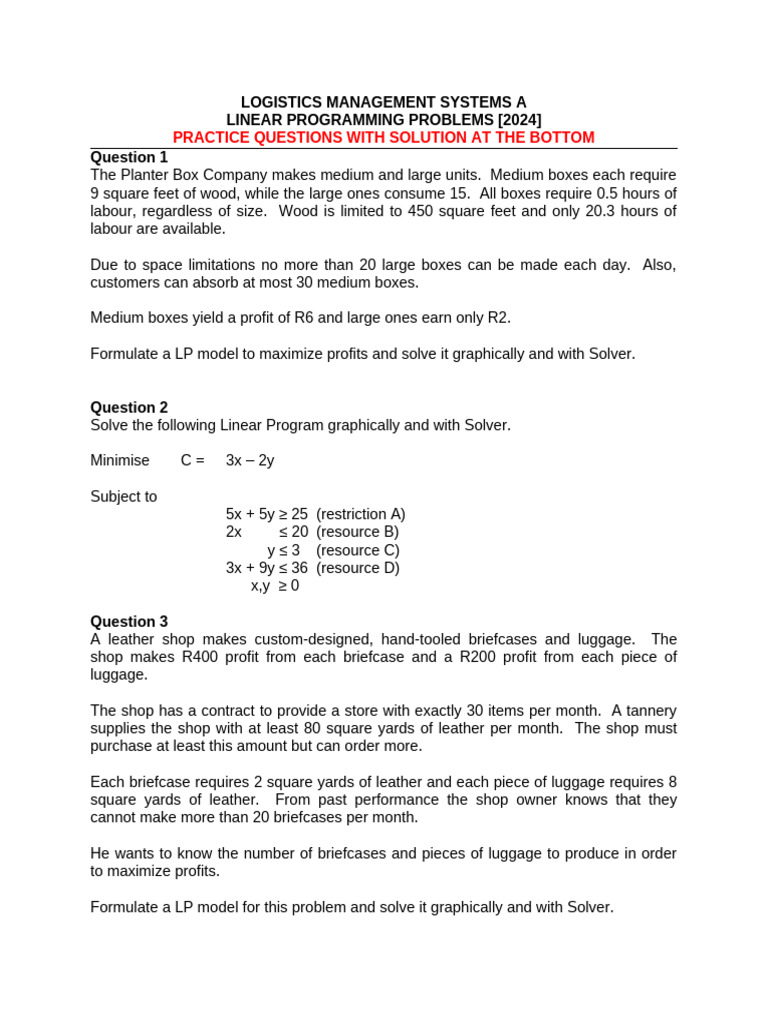 Lms 3a Practice Questions With Solutions (2024) | PDF | Linear Programming