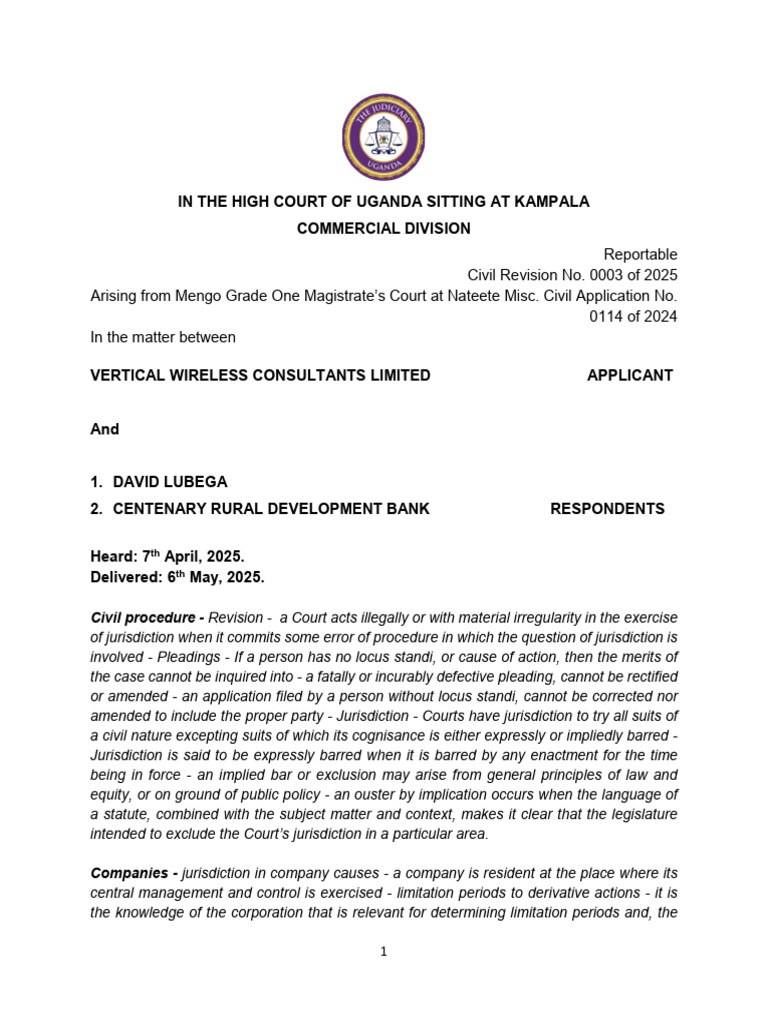 Vertical Wireless Consultants Limited V Lubega and Centenary Rural ...