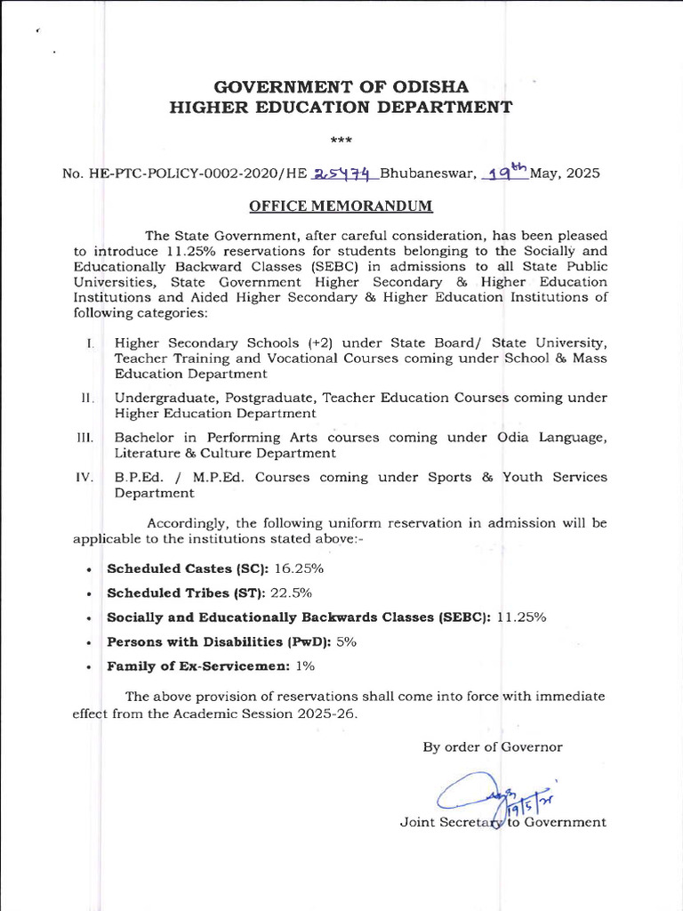 Odisha 2025: SEBC Admission Reservations | PDF | Educational Stages