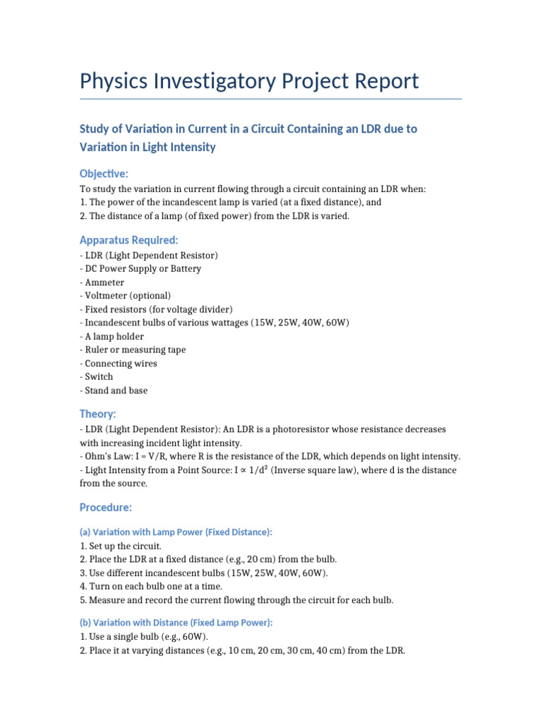 LDR Current Variation Study Report | PDF | Electrical Network | Resistor