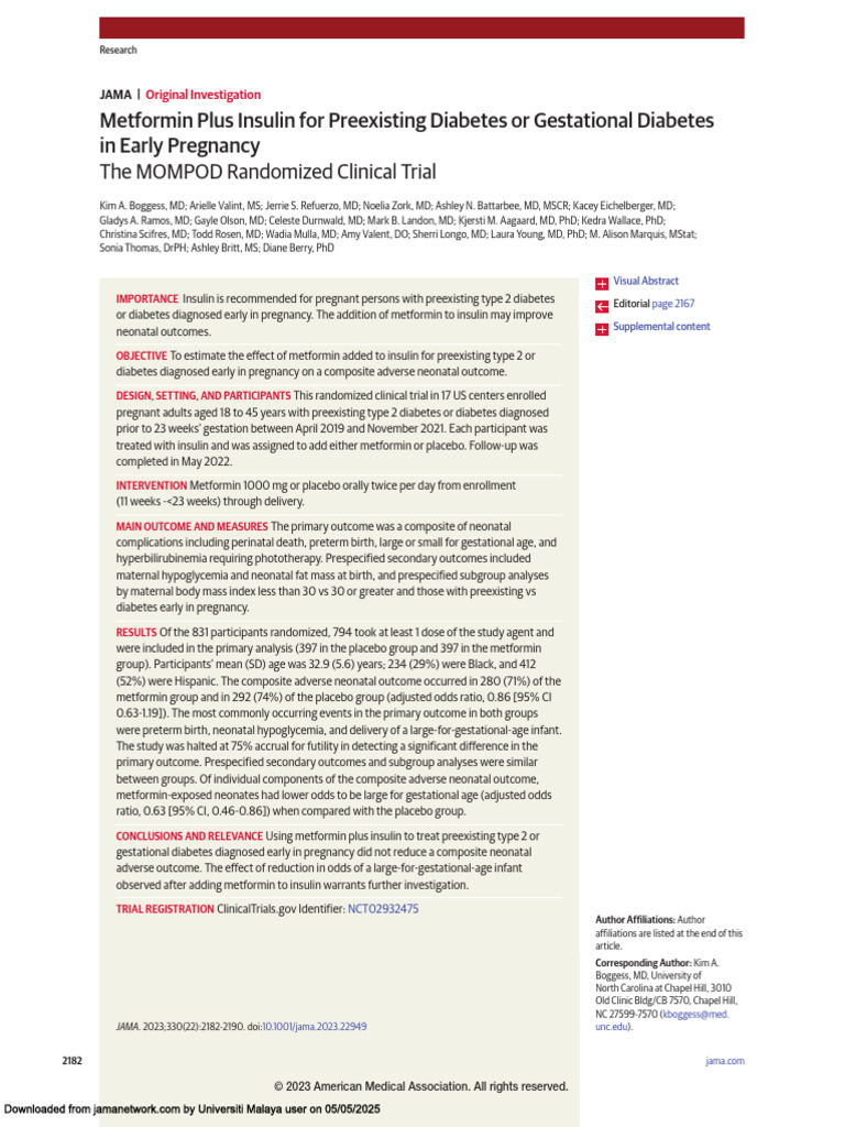 Metformin and Insulin in Pregnancy Study | PDF | Diabetes | Disorders ...