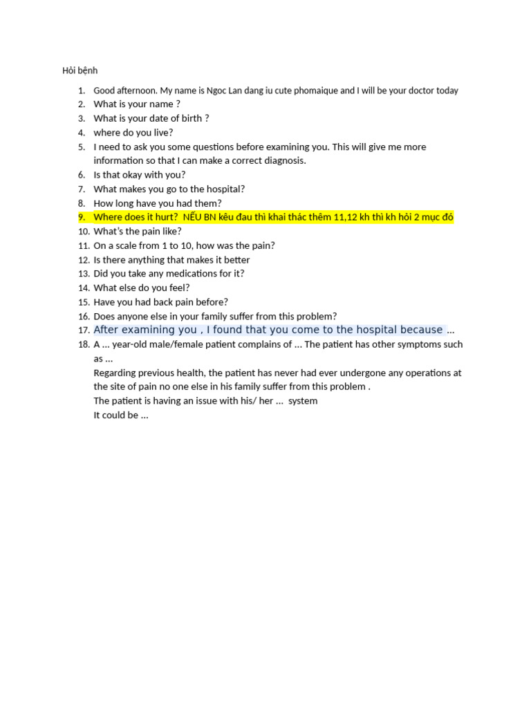 Patient Medical Interview Questions | PDF