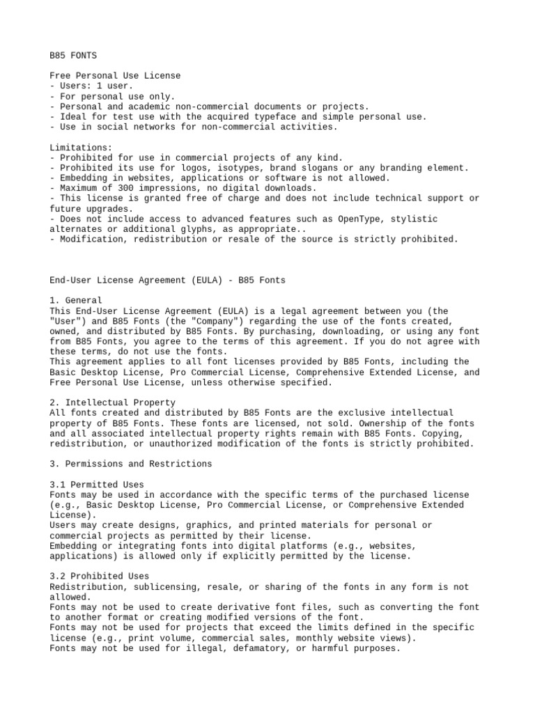 B85 Fonts Free Personal Use License | PDF | Indemnity