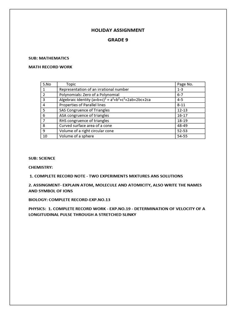 GRADE 9 - HOLIIDAY HOME WORK For Students | PDF