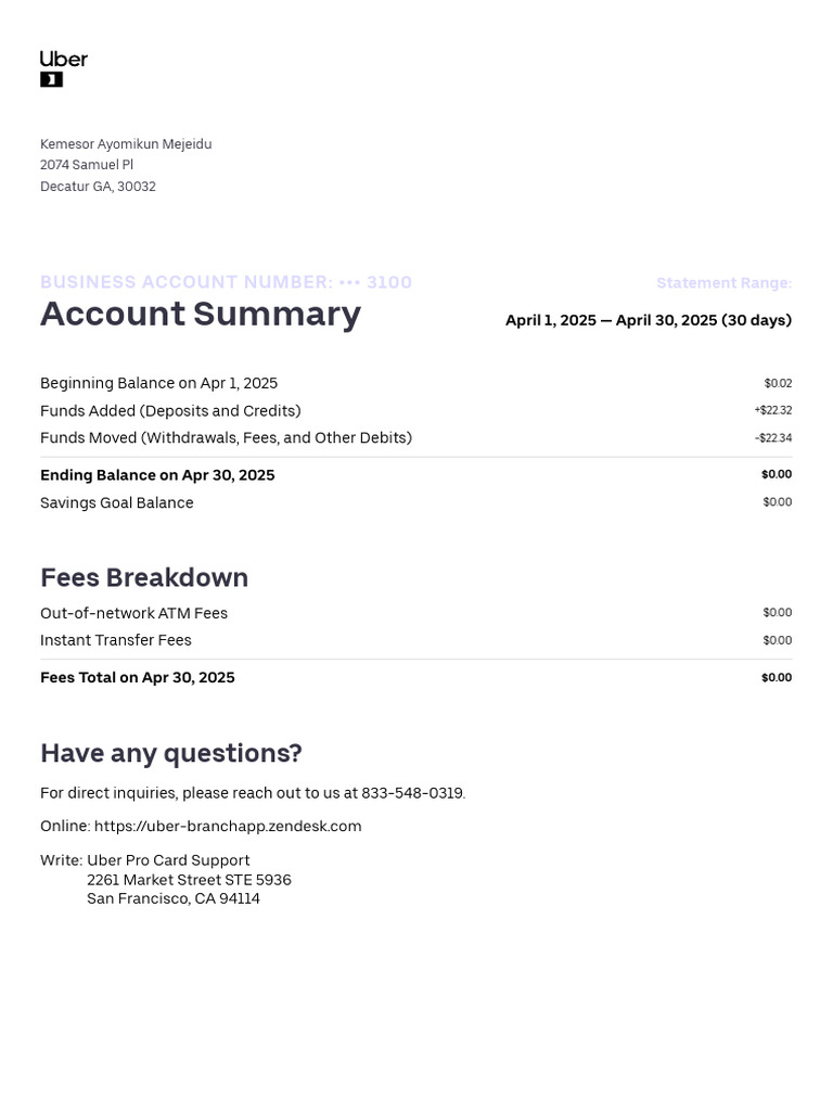 Uber Pro Card Statement - Apr 2025 | PDF | Credit Card | Debit Card