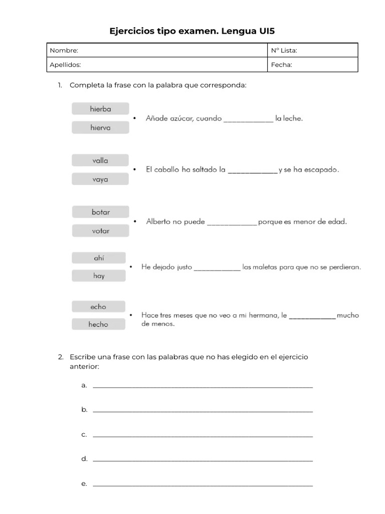 Ejercicios de Lengua para Examen UI5 | PDF