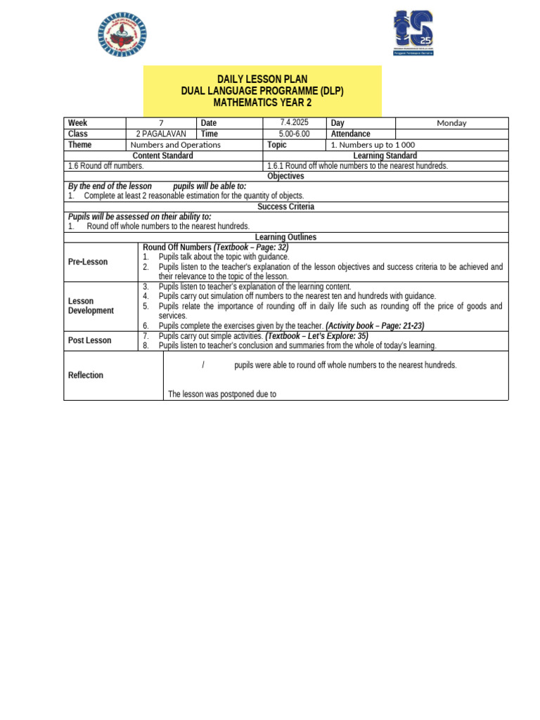 Daily Lesson Plan Dual Language Programme (DLP) Mathematics Year 2 | PDF