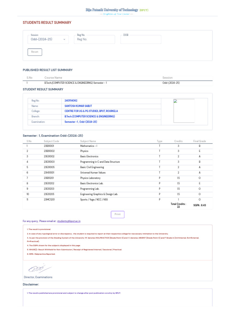 B.Tech Odd Semester 1 Result Summary | PDF | Engineering | Computer Science