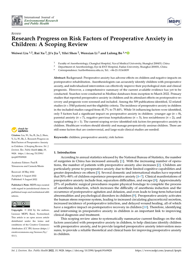 Risk Factors for Children's Preoperative Anxiety | PDF | Surgery ...