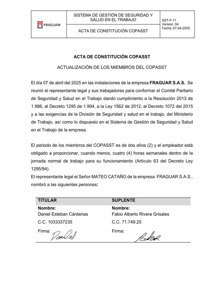 V4 Acta de Conformación COPASST | PDF | Gobierno