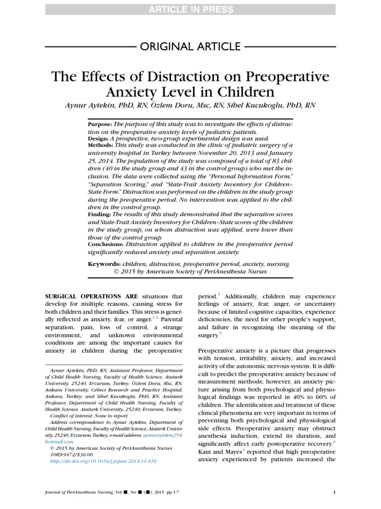 The Effect of Distraction On Preoprative Anxiety Level in Children ...