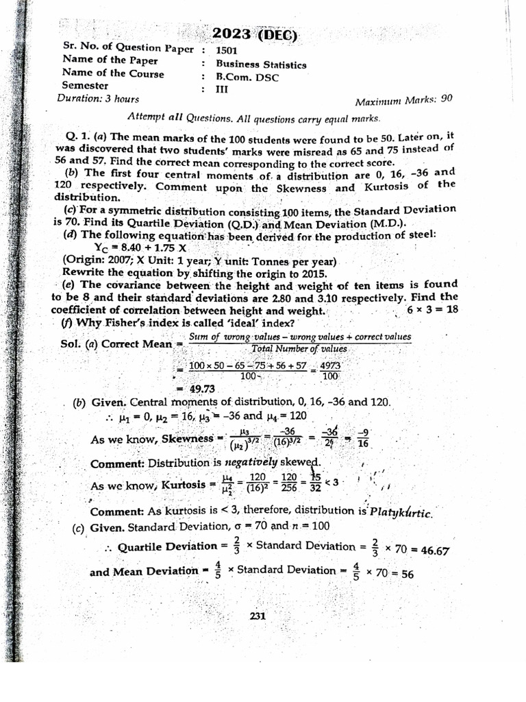 Bus Stats Sample Paper Bcom Hons 2nd Year 2023-24 | PDF
