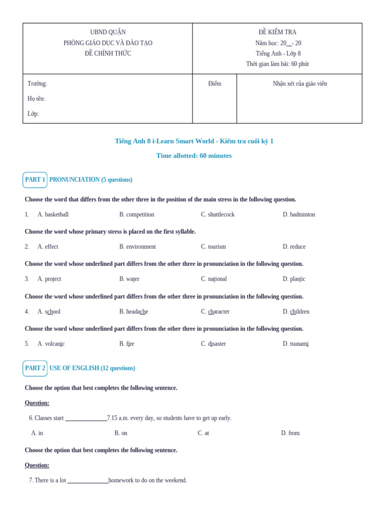 English Test for 8th Grade Students | PDF | Tsunami | Natural Environment