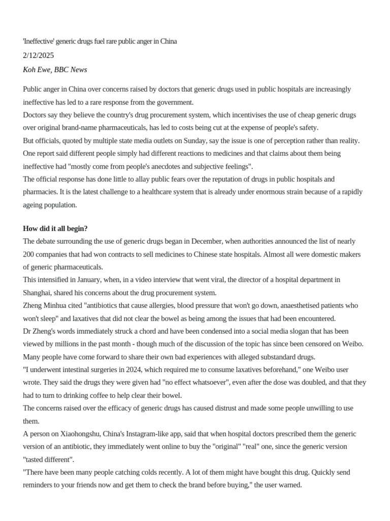 China Faces Outcry Over Generic Drug Efficacy | PDF | Generic Drug ...