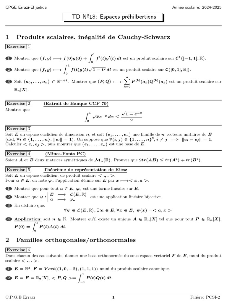 Exercices de produits scalaires en CPGE | PDF | Base (algèbre linéaire ...