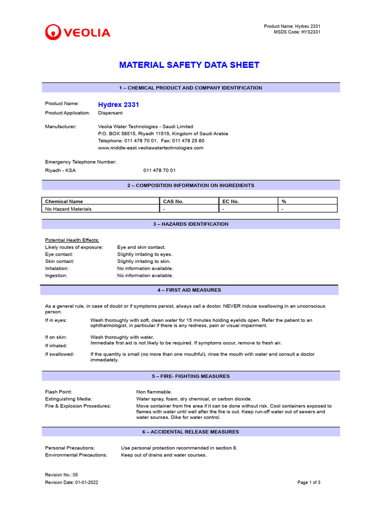 Hydrex 2331 MSDS Overview | PDF | Waste Management | Water