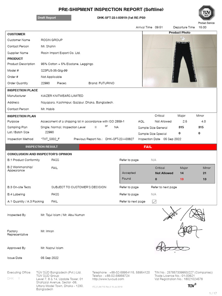 Draft Report Pre-Shipment Inspection Report - DHK-SFT-22-I-03919 (1st ...