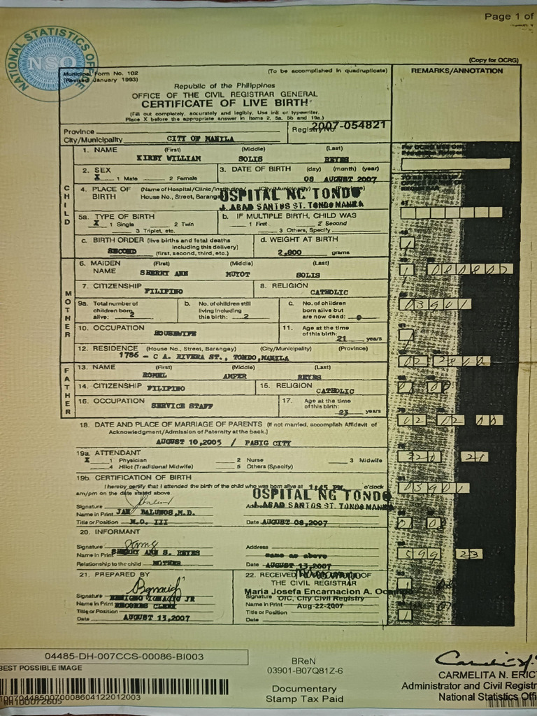 Certificate of Live Birth Form Philippines | PDF | Government ...