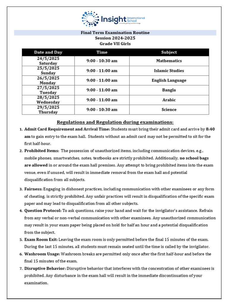 Final Term Examination Routine 2024-2025 | PDF