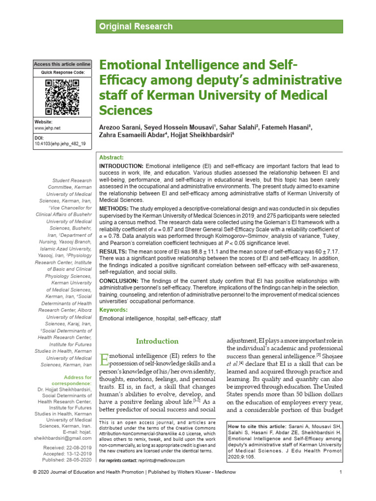 EI and Self-Efficacy in University Staff | PDF | Self Efficacy ...