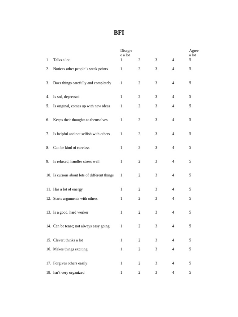 BFI Personality Questionnaire Items | PDF