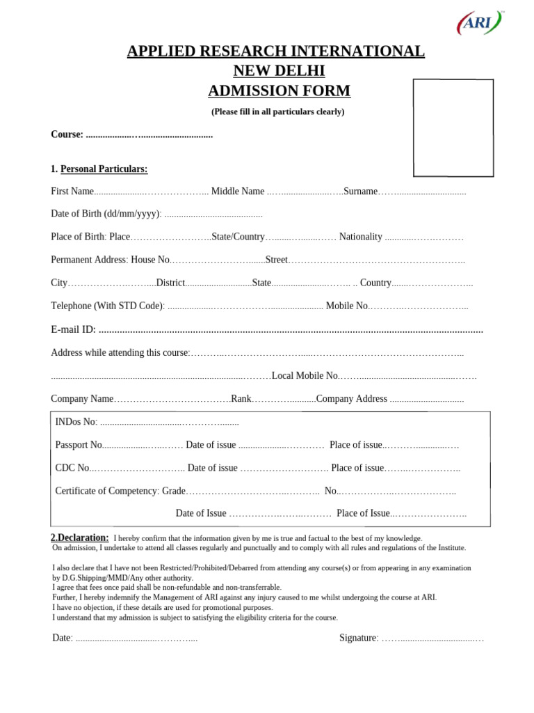 Admission Form for ARI Courses | PDF