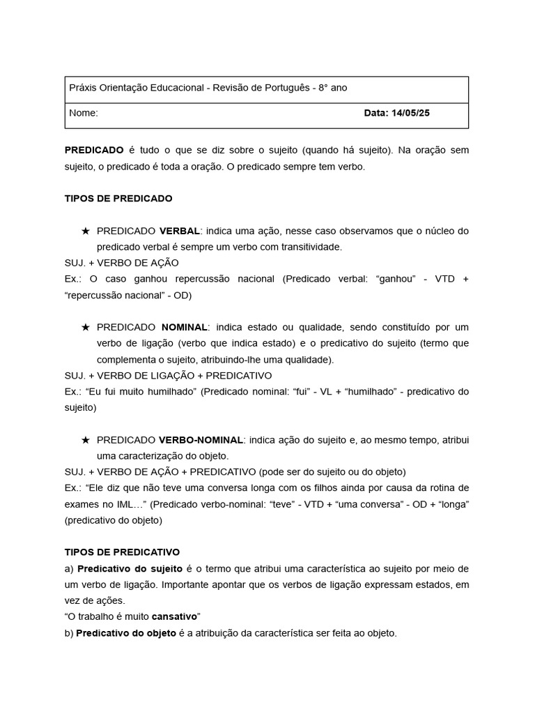 Tipos de Predicado na Língua Portuguesa | PDF | Predicado (gramática ...