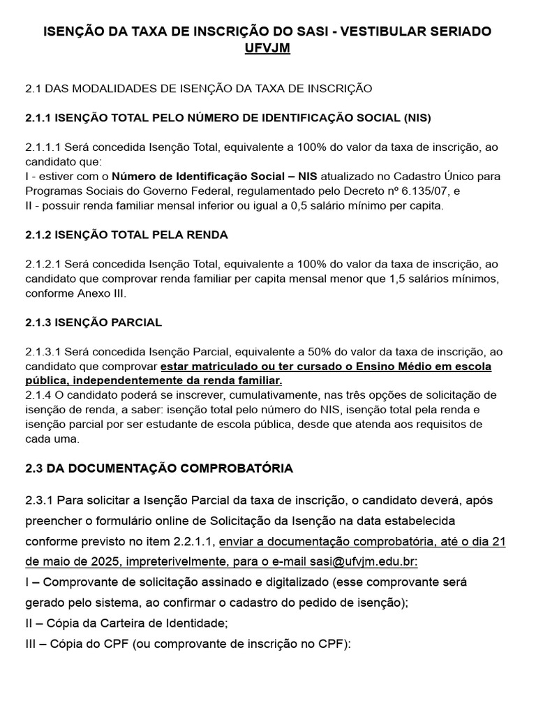 Isenção da Taxa de Inscrição SASI 2025 | PDF