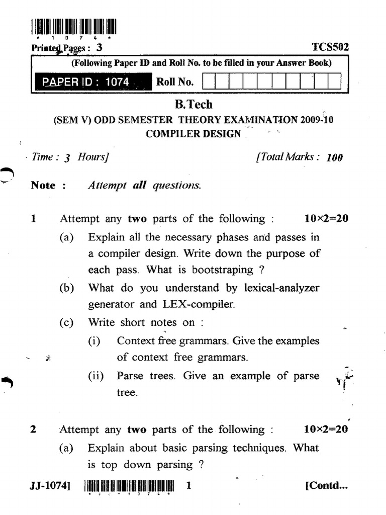 Btech Cs 5 Sem Complier Design Tcs 502 2010 | PDF | Parsing ...