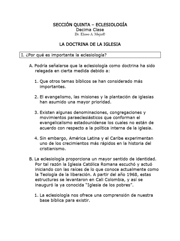 SECCIÓN QUINTA - ECLESIOLOGÍA Decima Clase LA DOCTRINA DE LA IGLESIA ...