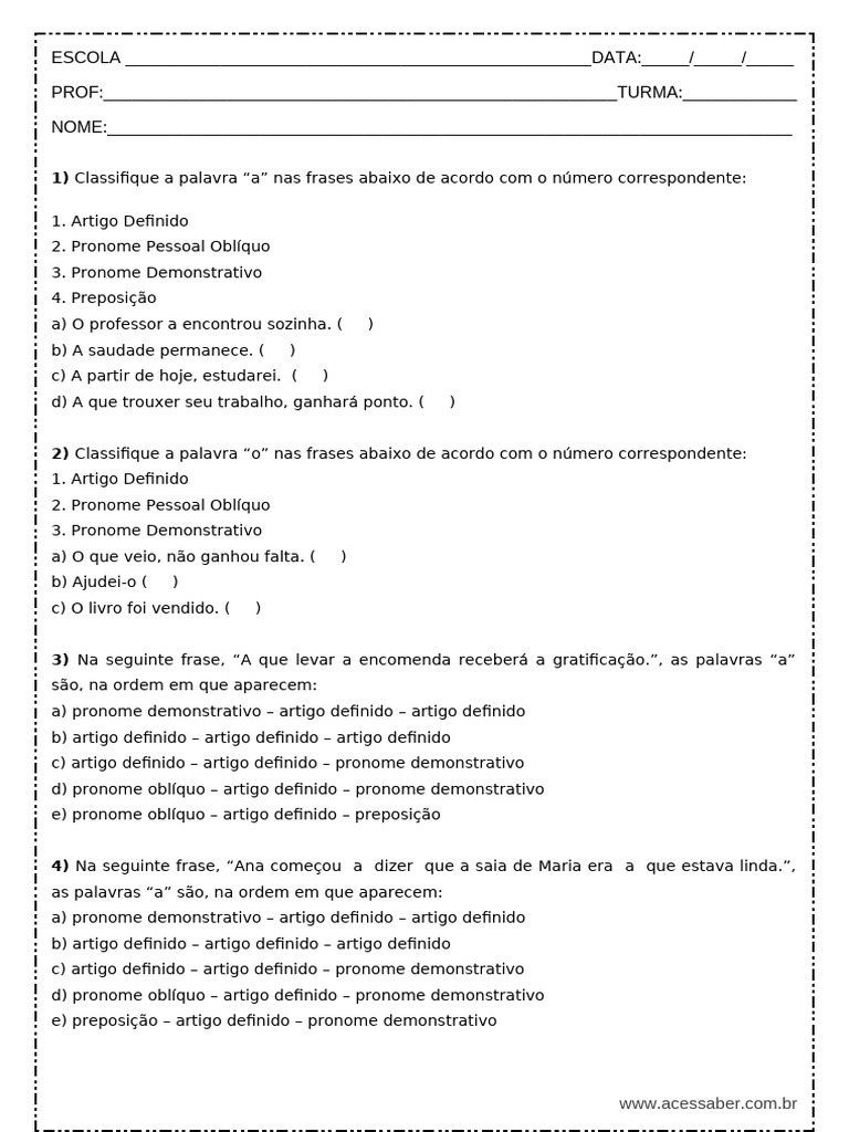 Atividades sobre Classes Gramaticais | PDF