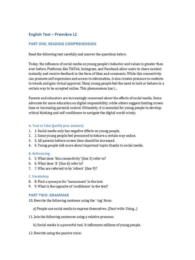 English Test Premiere L2 | PDF | Social Media | Popular Culture & Media ...