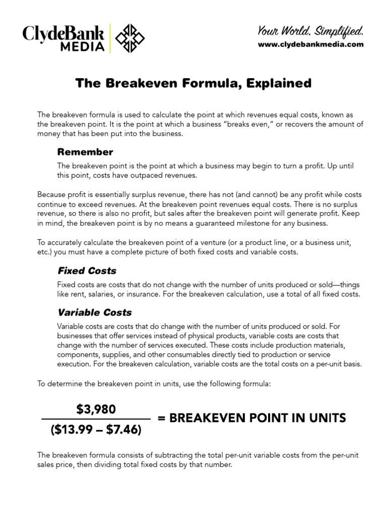 Breakeven Point Formula Explained | PDF | Business Economics | Economics